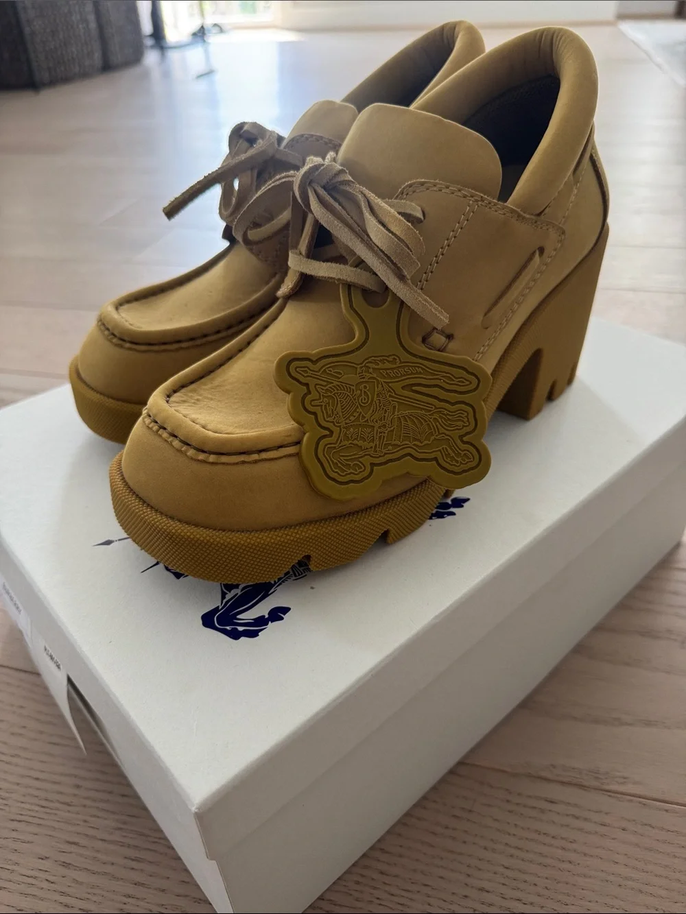 Burberry tan nubuck lace-up platform loafers